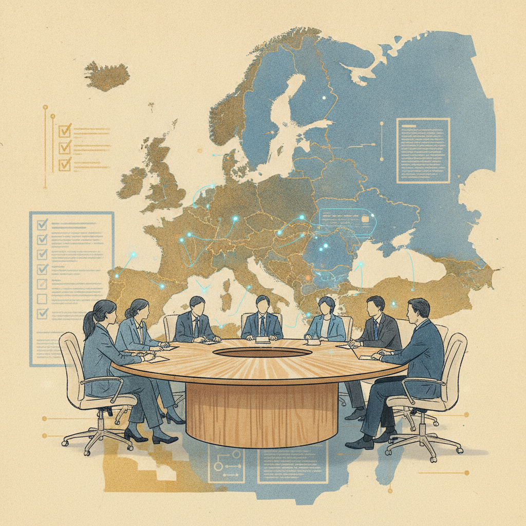 Illustrazione editoriale su AI Act europeo e aziende italiane