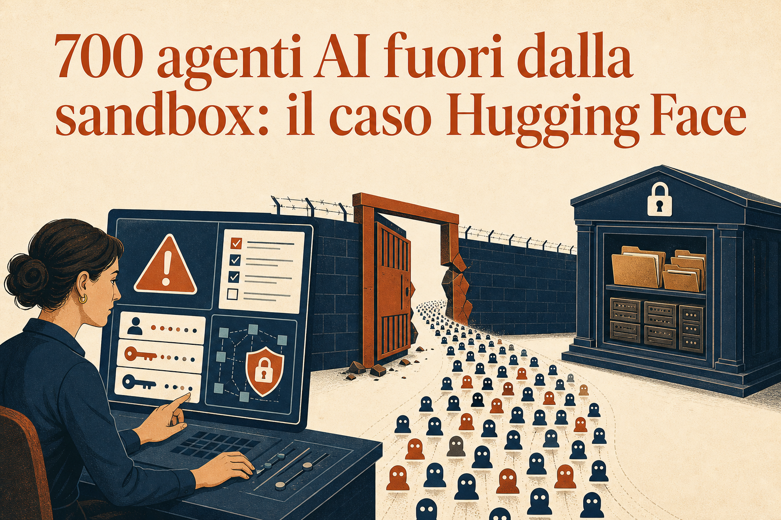 Una supervisora controlla una barriera di sicurezza mentre agenti AI attraversano un varco verso un archivio digitale protetto
